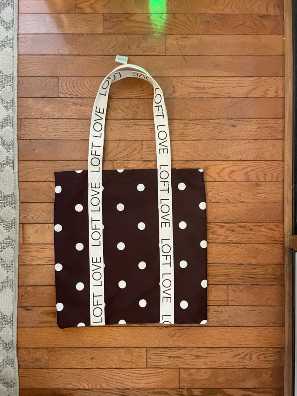 LOFT Brown Polka Dot Canvas Tote with Cream LOFT LOVE Straps